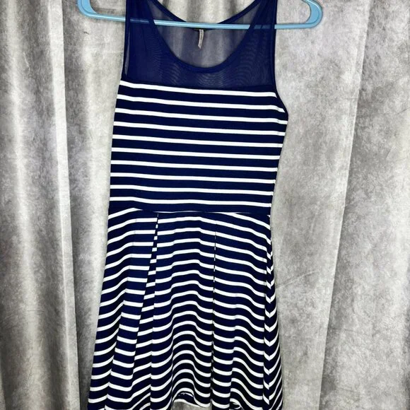 Poof Junior Navy & White Striped Mini Fit Flare Dress Coastal Nautical - Picture 4 of 7